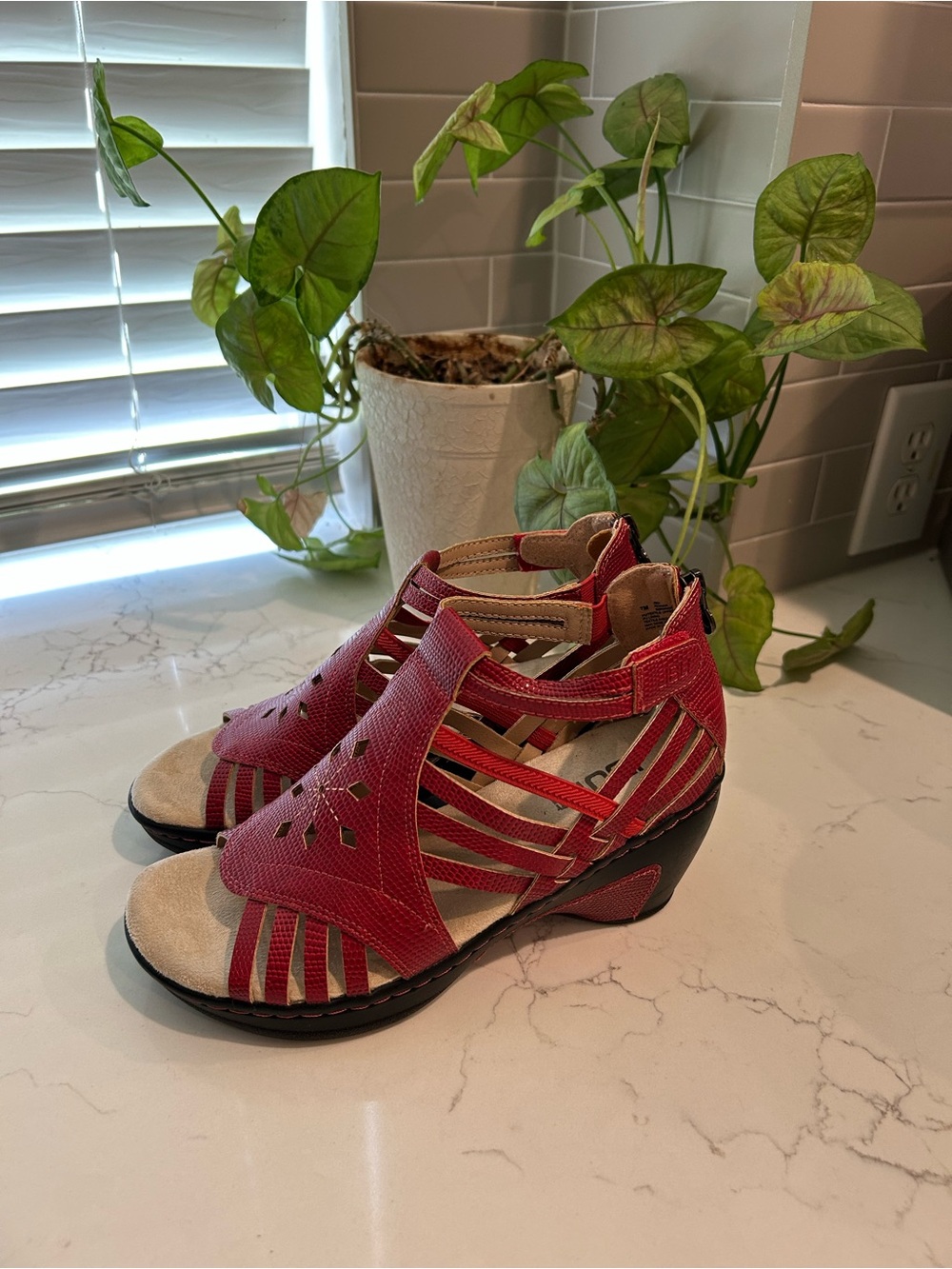 JBU Red Strappy Cutout Wedge Sandals